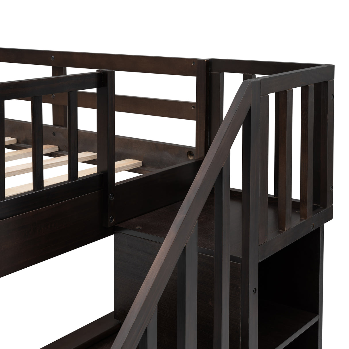 Stairway Full-Over-Full Bunk Bed with Twin size Trundle, Storage and Guard Rail for Bedroom, Dorm - Espresso(OLD SKU :LP001210AAP) - Home Elegance USA