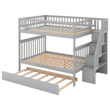 Full over Full Bunk Bed with Trundle and Staircase,Gray - Home Elegance USA