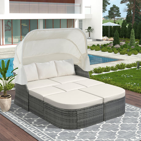 U_STYLE Outdoor Patio Furniture Set Daybed Sunbed with Retractable Canopy Conversation Set Wicker Furniture （As same as WY000281AAK）