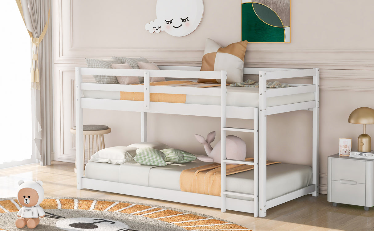 Twin over Twin Floor Bunk Bed with Ladder , White(Old SKU:WF281727AAK/WF286602AAK) - Home Elegance USA