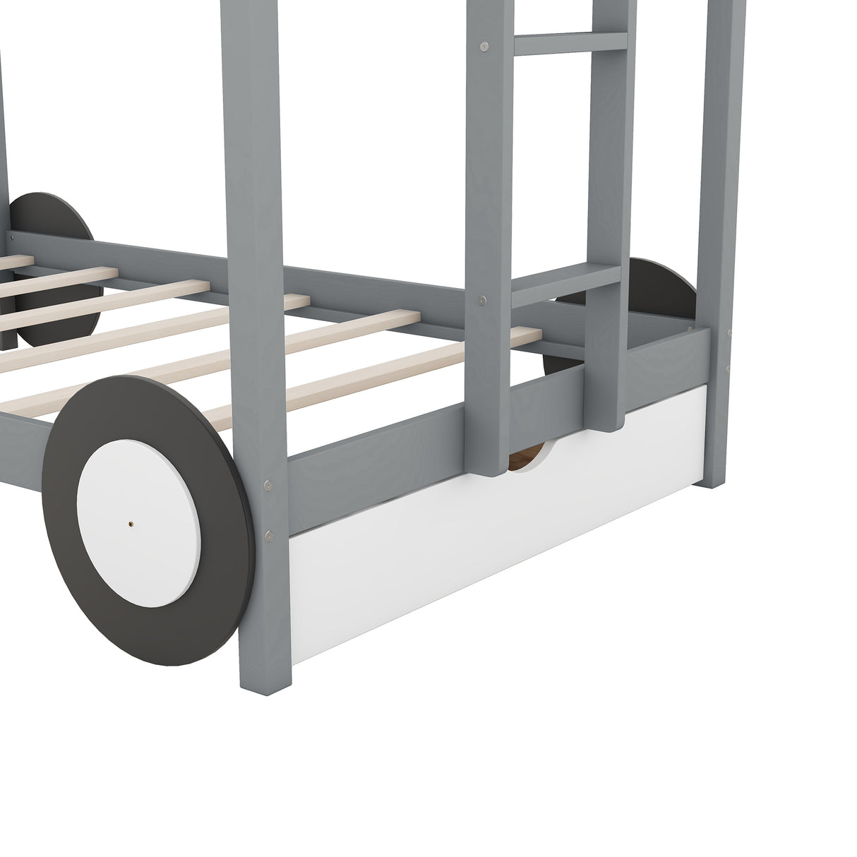 Twin over Twin Car-Shaped Bunk Bed with Wheels, Drawers and Shelves, Gray (Expected Arrival Time:7.30) - Home Elegance USA