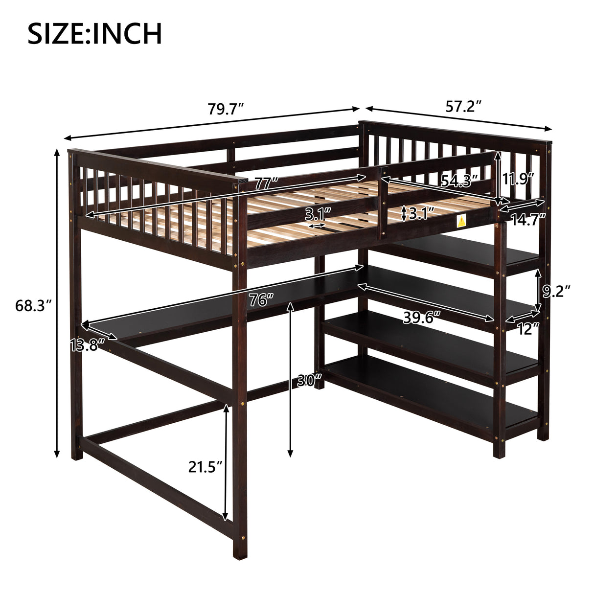 Full Size Loft Bed with Storage Shelves and Under-bed Desk, Espresso(OLD SKU:SM000246AAP-1) - Home Elegance USA