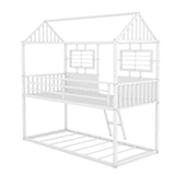 Twin over Twin Size Metal Low Bunk Beds with Roof and Fence-shaped Guardrail, White - Home Elegance USA