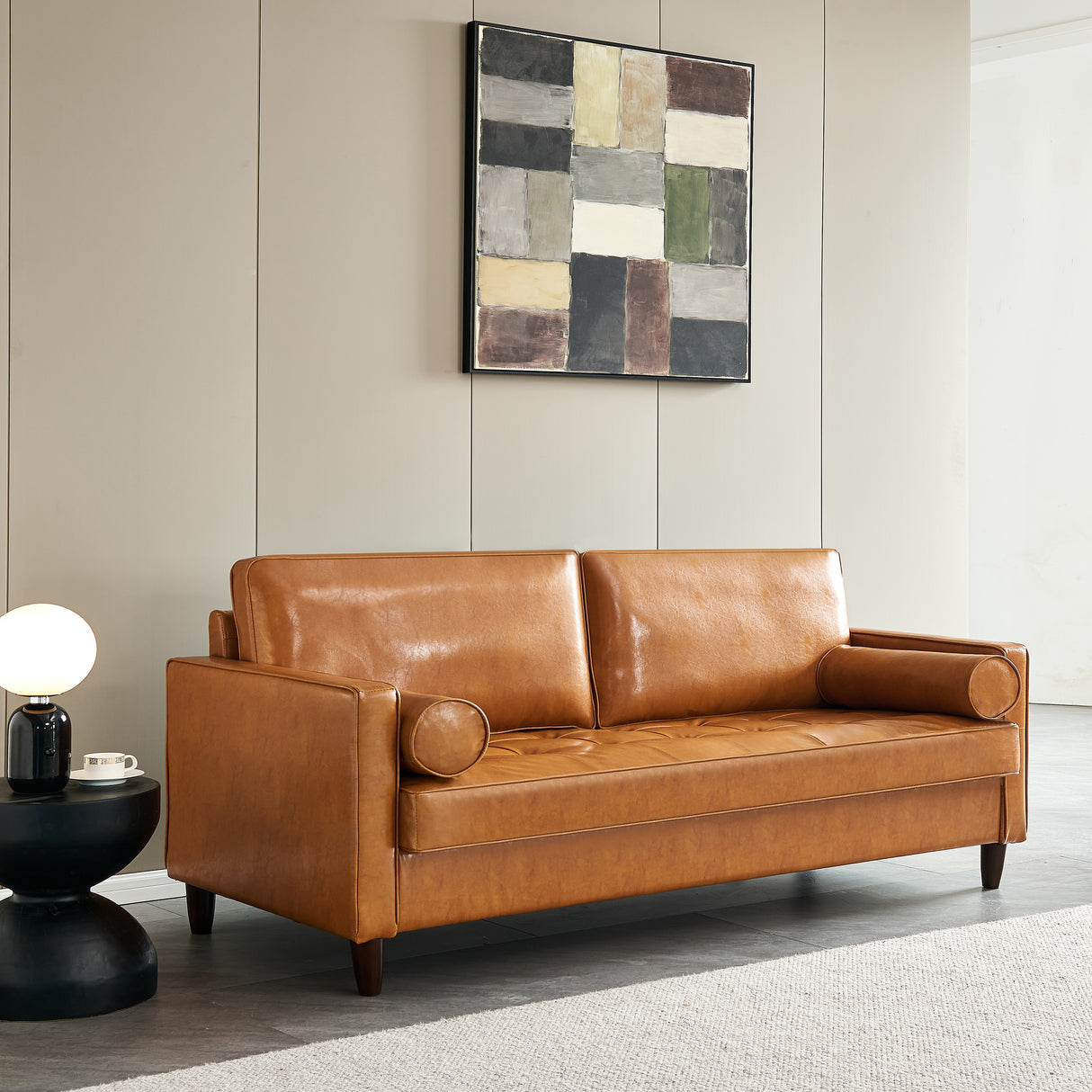 Modern Mid-Century Vegan Leather Sofa （Mocha） - Home Elegance USA