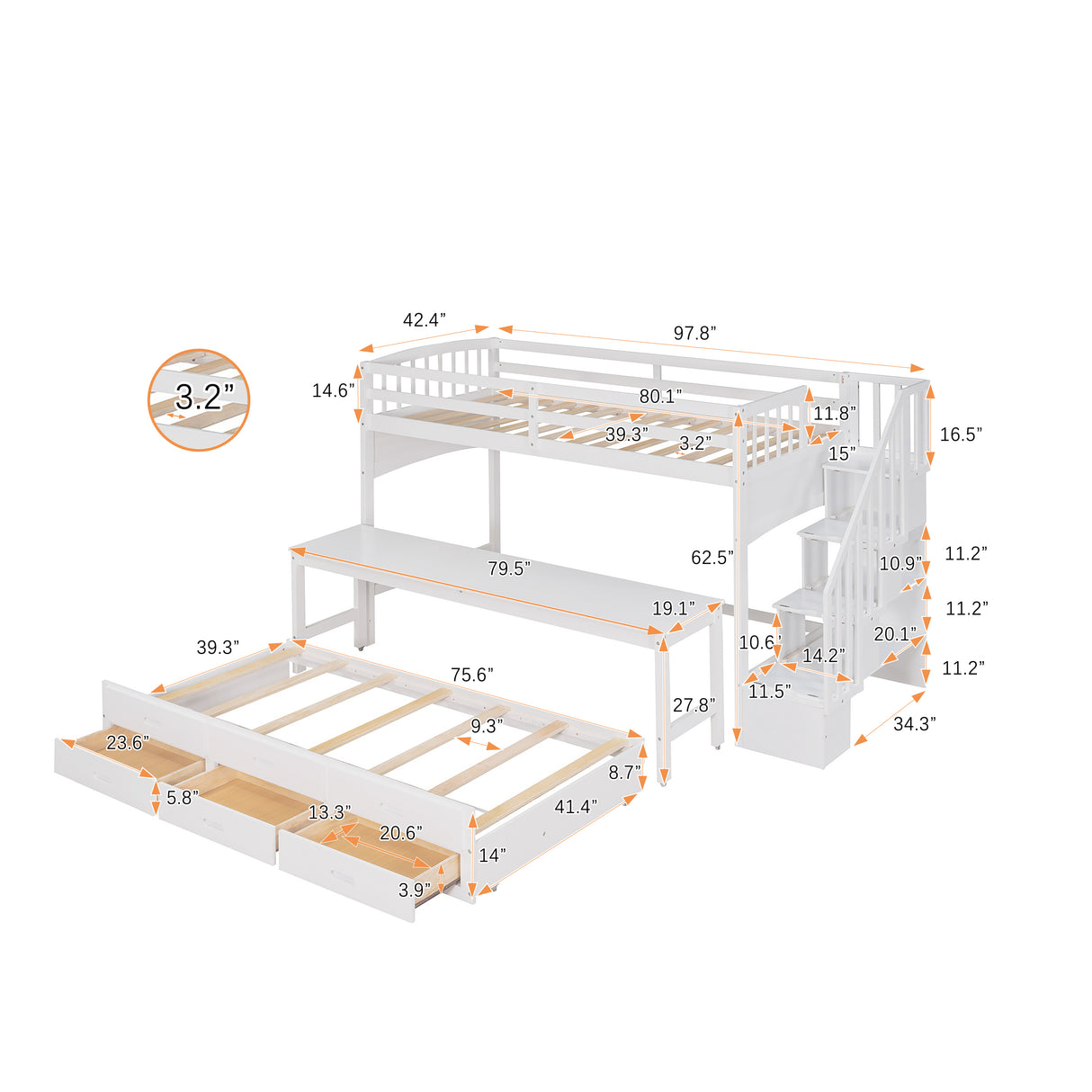 Stairway Twin XL Loft Bed with Twin Size Trundle and 3 Drawers, Storage, Desk, White - Home Elegance USA