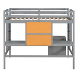 Twin size Loft Bed with Desk and Writing Board, Wooden Loft Bed with Desk & 2 Drawers Cabinet- Gray - Home Elegance USA