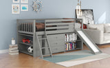 Low Loft Bed with Attached Bookcases and Separate 3-tier Drawers,Convertible Ladder and Slide,Twin,Gray - Home Elegance USA