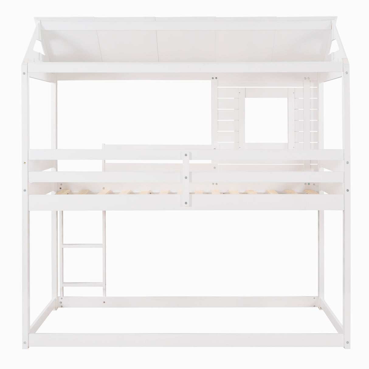 Twin Over Twin Bunk Bed Wood Loft Bed with Roof, Window, Guardrail, Ladder (White) (OLD SKU :LP000062AAK) - Home Elegance USA