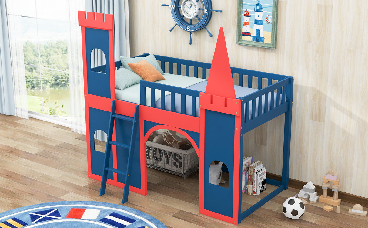 Twin Size Castle Shaped Loft Bed with Underbed Storage Space,Red - Home Elegance USA