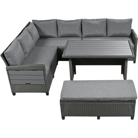 TOMAX 5-Piece Outdoor Patio Rattan Sofa Set, Sectional PE Wicker L-Shaped Garden Furniture Set with 2 Extendable Side Tables, Dining Table and Washable Covers for Backyard, Poolside, Indoor, Gray - Home Elegance USA