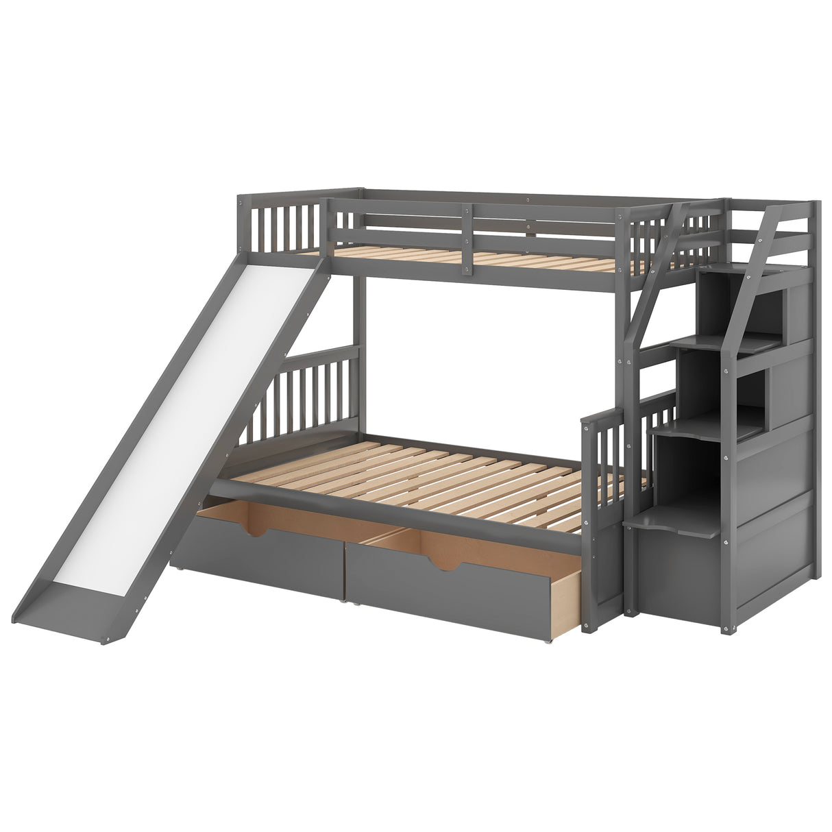 Twin over Full Bunk Bed with Drawers,Storage and Slide, Multifunction, Gray - Home Elegance USA