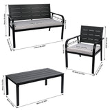 4 Pieces Patio Garden Sofa Conversation Set Wood Grain Design PE Steel Frame Loveseat All Weather Outdoor Furniture Set with Cushions Coffee Table for Backyard Balcony Lawn Black and Grey