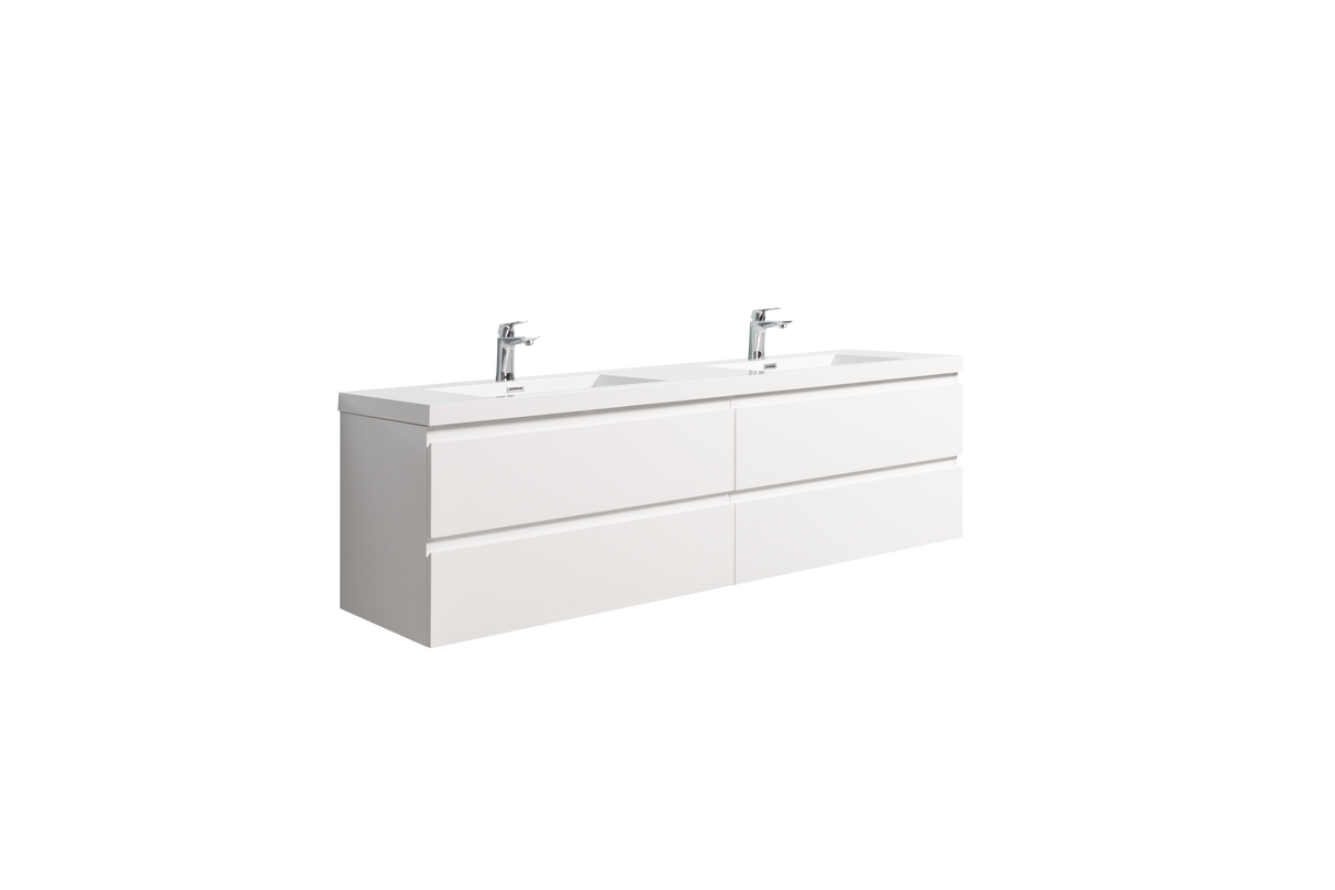 71'' Wall Mounted Double Bathroom Vanity in Gloss White With White Solid Surface Vanity Top