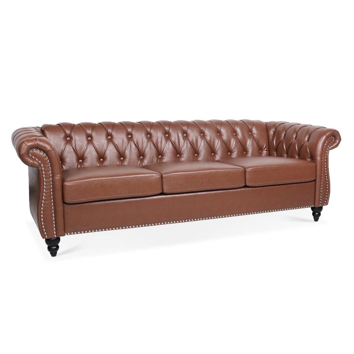 84.65"BROWN PU Rolled Arm Chesterfield Three Seater Sofa. | Home Elegance USA