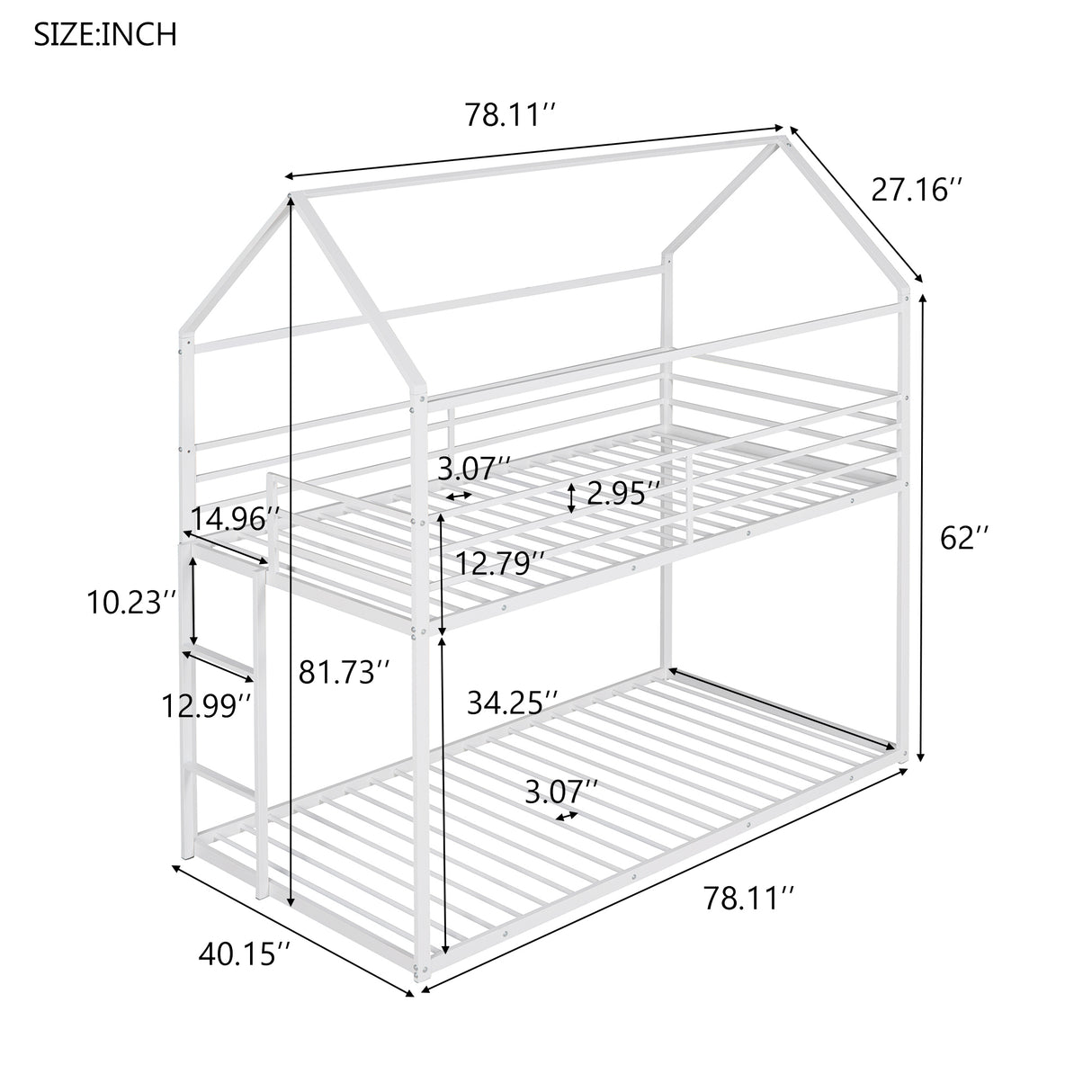 Bunk Beds for Kids Twin over Twin,House Bunk Bed Metal Bed Frame Built-in Ladder,No Box Spring Needed White - Home Elegance USA