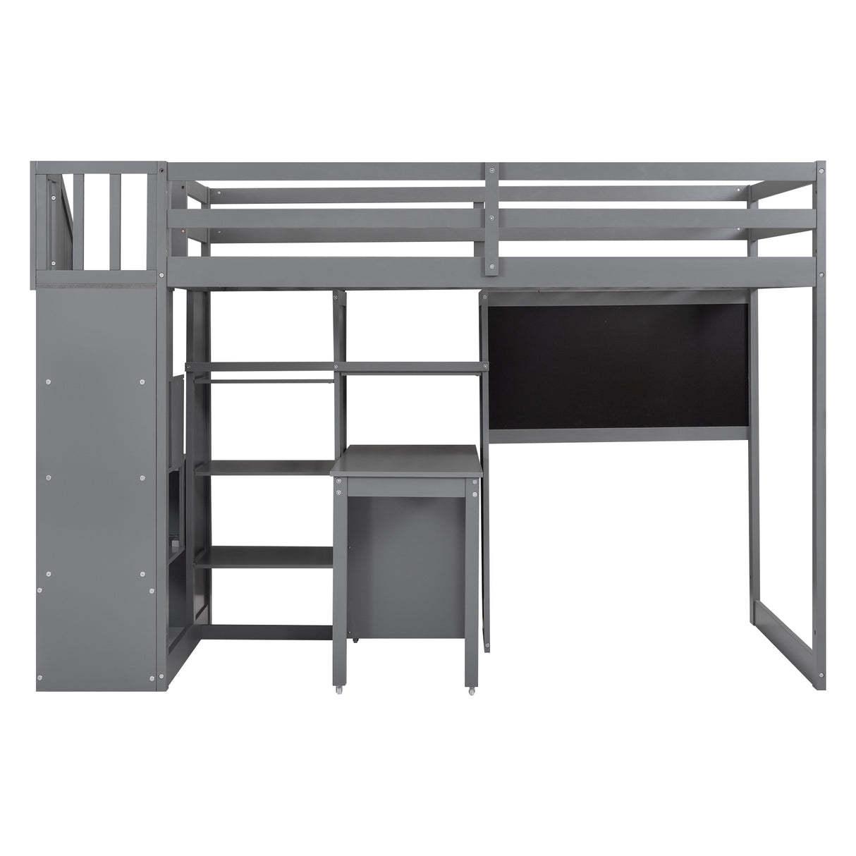 Twin Size Loft Bed with Pullable Desk and Storage Shelves,Staircase and Blackboard,Gray - Home Elegance USA