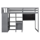 Twin Size Loft Bed with Pullable Desk and Storage Shelves,Staircase and Blackboard,Gray - Home Elegance USA