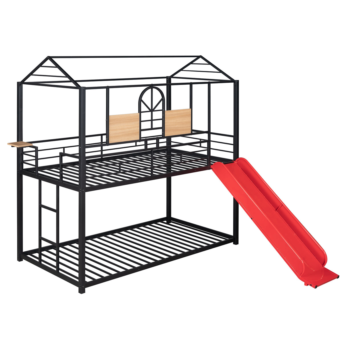 Twin Over Twin Metal Bunk Bed ,Metal Housebed With Slide,Three Colors Available.(Black with Red Slide)(OLD SKU :LP000095AAJ) - Home Elegance USA