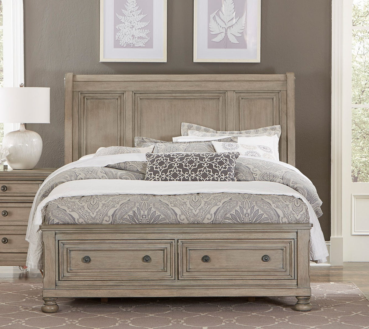 Classic Style Queen Size Sleigh Bed 1pc with Footboard Storage Drawers Wire Brushed Gray Finish Wooden Furniture - Home Elegance USA