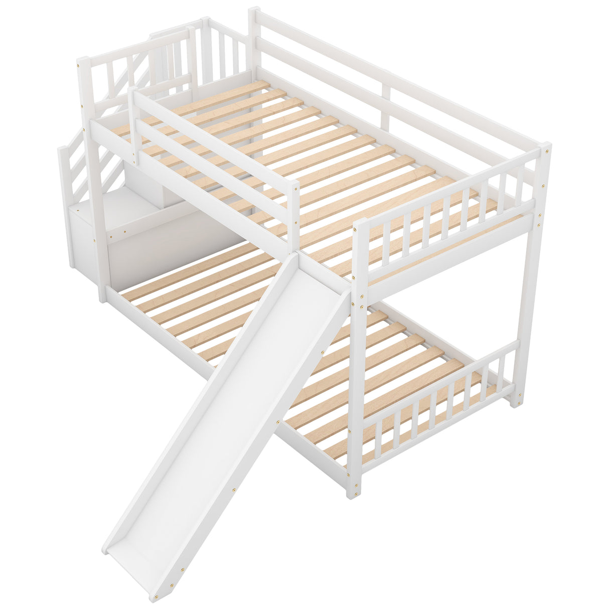 Twin over Twin Bunk Bed with Convertible Slide and Stairway, White - Home Elegance USA