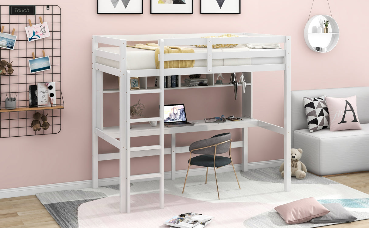 Twin Size Loft Bed with Convenient Desk, Shelves, and Ladder, White(Similar SKU:SM001302AAK) - Home Elegance USA