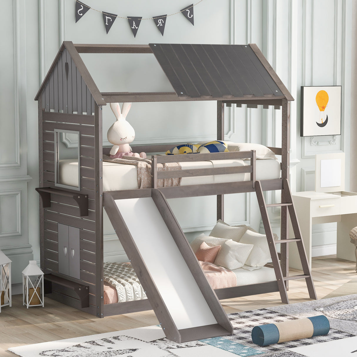 Twin Over Twin Bunk Bed Wood Bed with Roof, Window, Slide, Ladder ,Antique Gray(OLD SKU:LP000059AAE) - Home Elegance USA