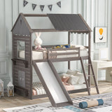 Twin Over Twin Bunk Bed Wood Bed with Roof, Window, Slide, Ladder ,Antique Gray(OLD SKU:LP000059AAE) - Home Elegance USA