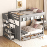 Wood Full Size Convertible Bunk Bed with Storage Staircase, Bedside Table, and 3 Drawers, Gray - Home Elegance USA