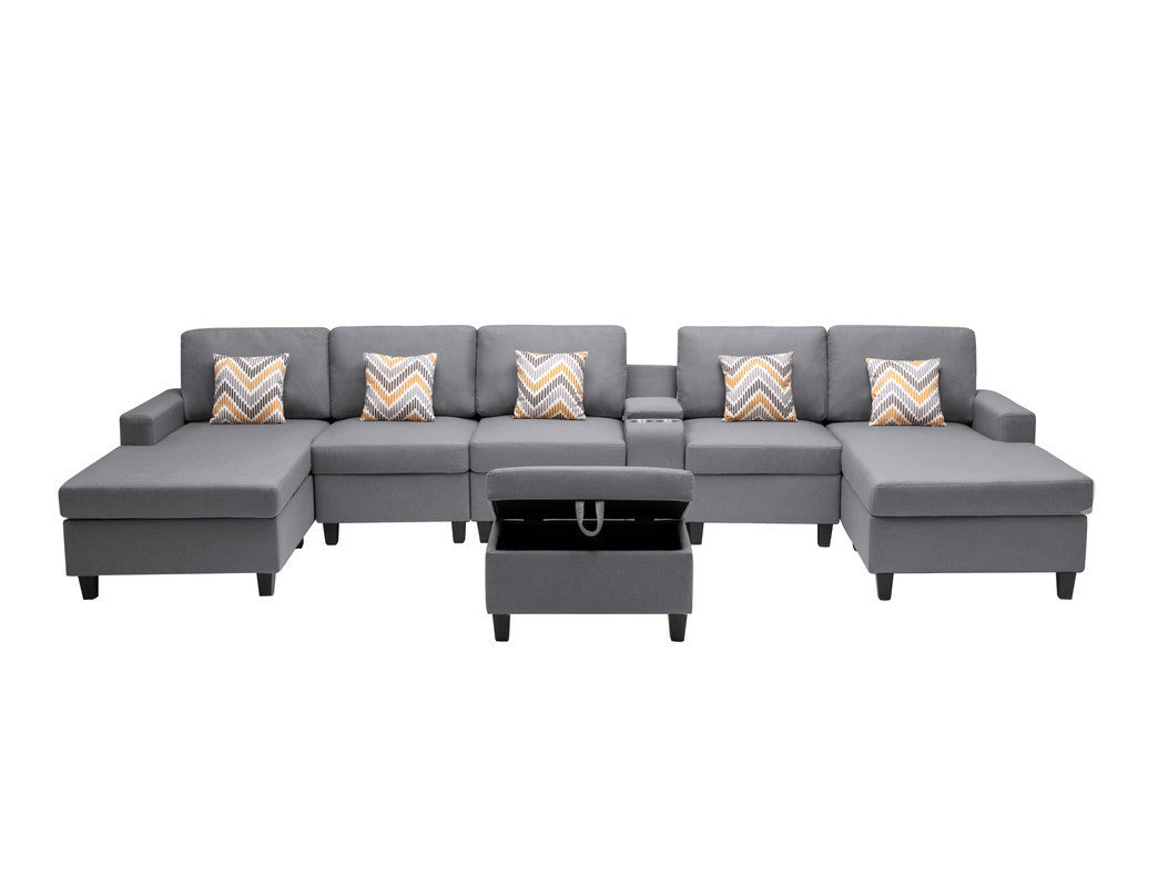 Nolan Gray Linen Fabric 7Pc Double Chaise Sectional Sofa with Interchangeable Legs, Storage Ottoman, Pillows, and a USB, Charging Ports, Cupholders, Storage Console Table - Home Elegance USA