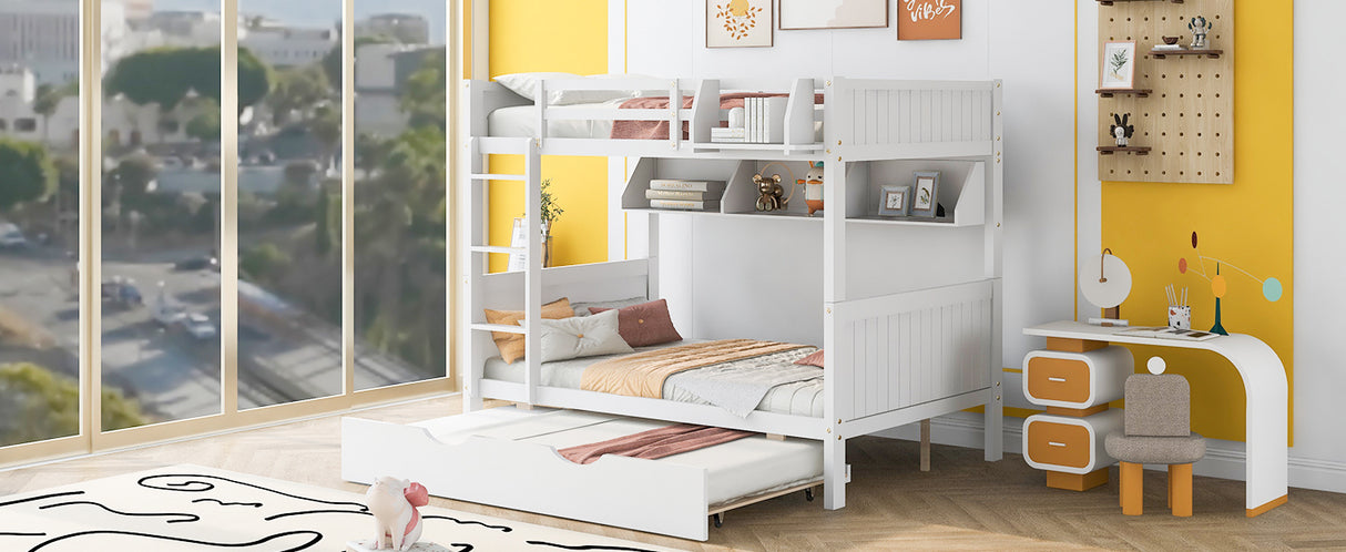 Full-Over-Full Bunk Bed with Twin size Trundle , Separable Bunk Bed with Bookshelf for Bedroom-White - Home Elegance USA