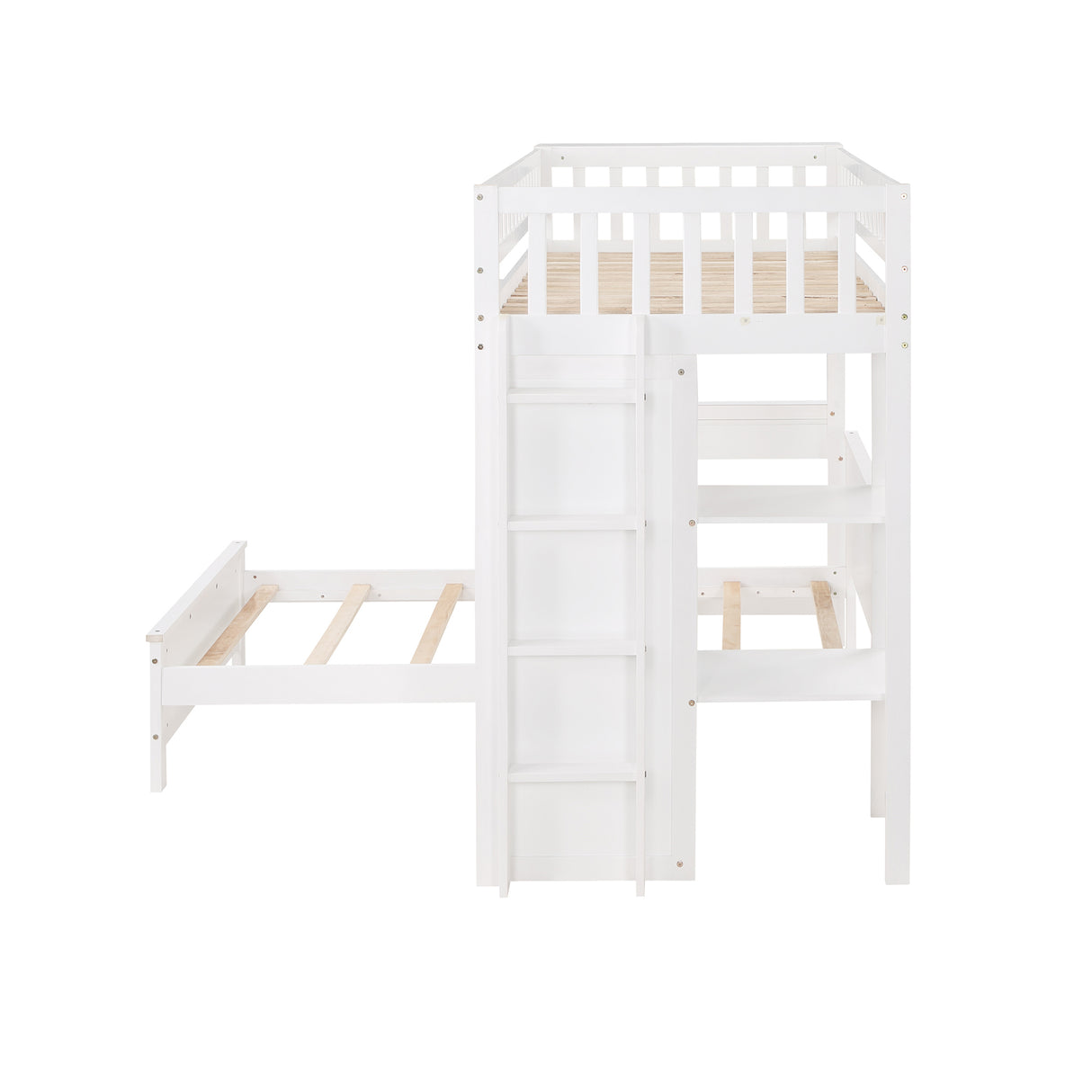 Twin Size Loft Bed with Closet and Desk, Extra Bottom Twin Bed, White - Home Elegance USA