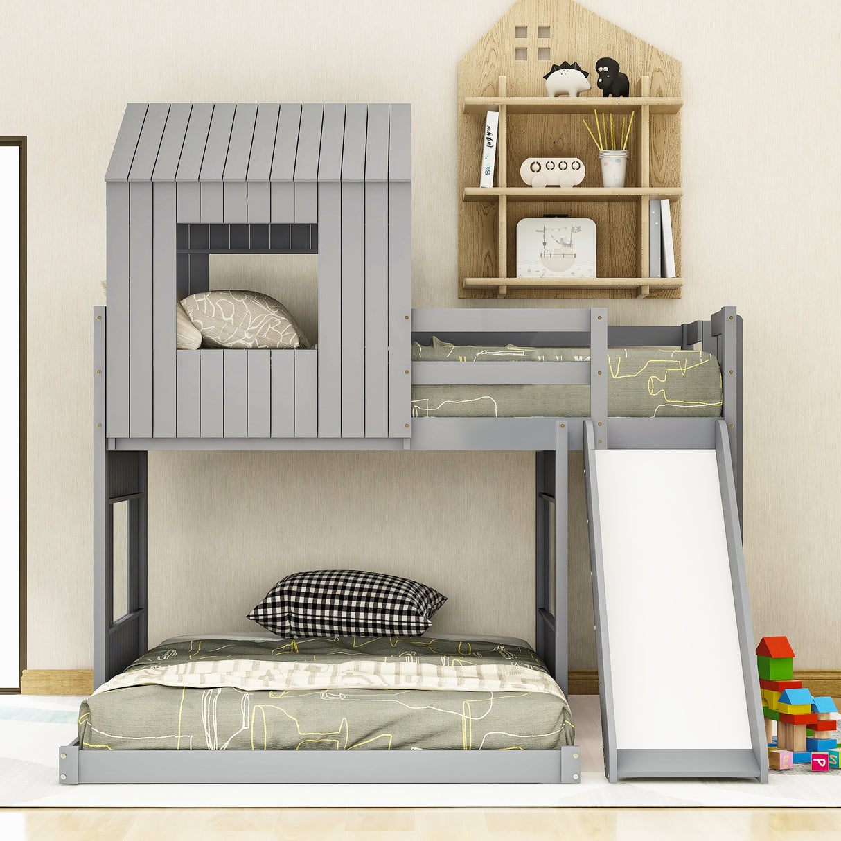 Wooden Twin Over Full Bunk Bed, Loft Bed with Playhouse, Farmhouse, Ladder, Slide and Guardrails, Gray(OLD SKU :LT000028AAN) Home Elegance USA