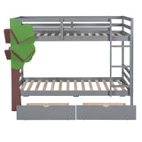 Twin-Over-Twin Bunk Bed with  a Tree Decor and Two Storage Drawers, Gray - Home Elegance USA