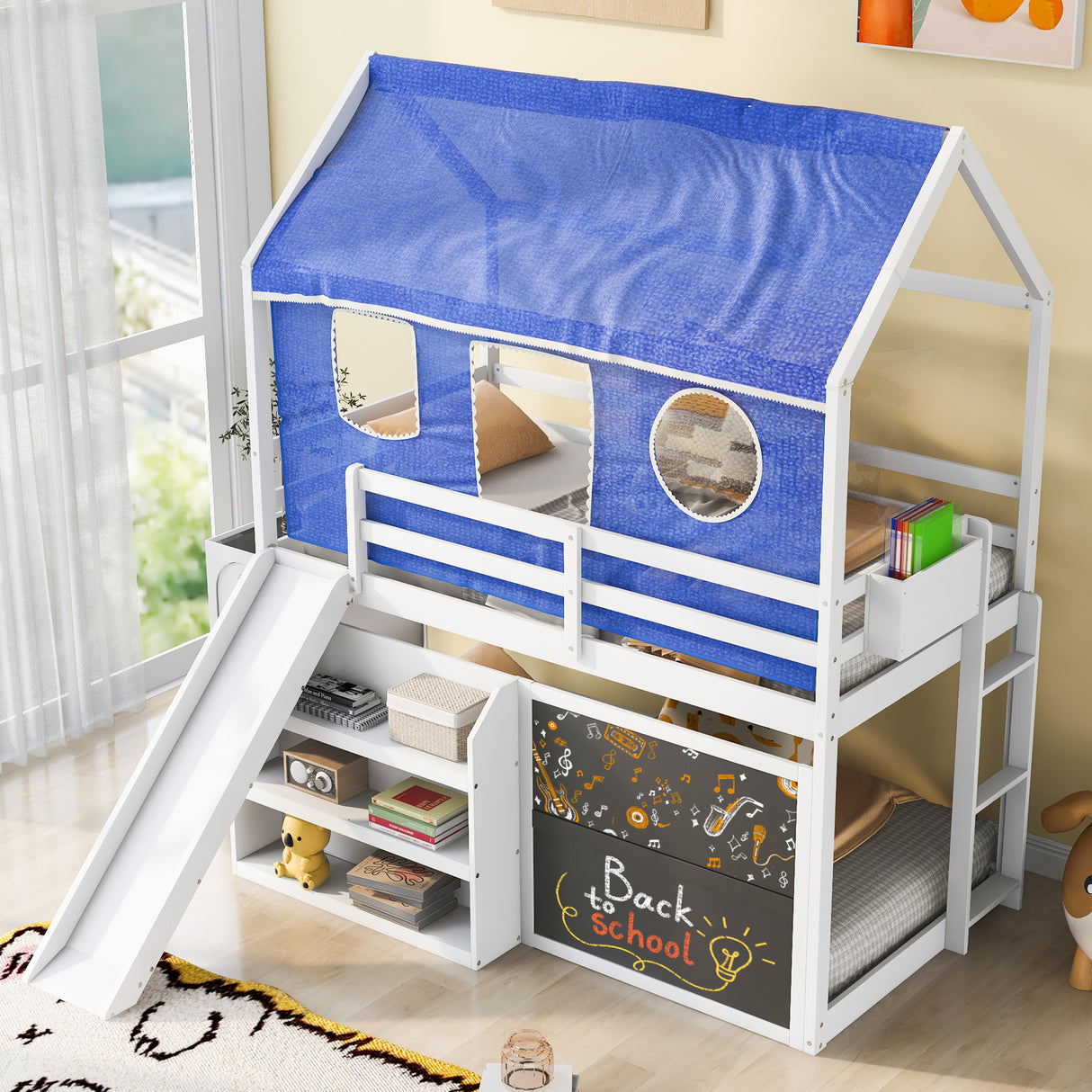 Twin over Twin House Bunk Bed with Blue Tent, Slide, Shelves and Blackboard, White - Home Elegance USA