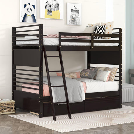 Twin over Twin Wood Bunk Bed with Two Drawers - Espresso· - Home Elegance USA