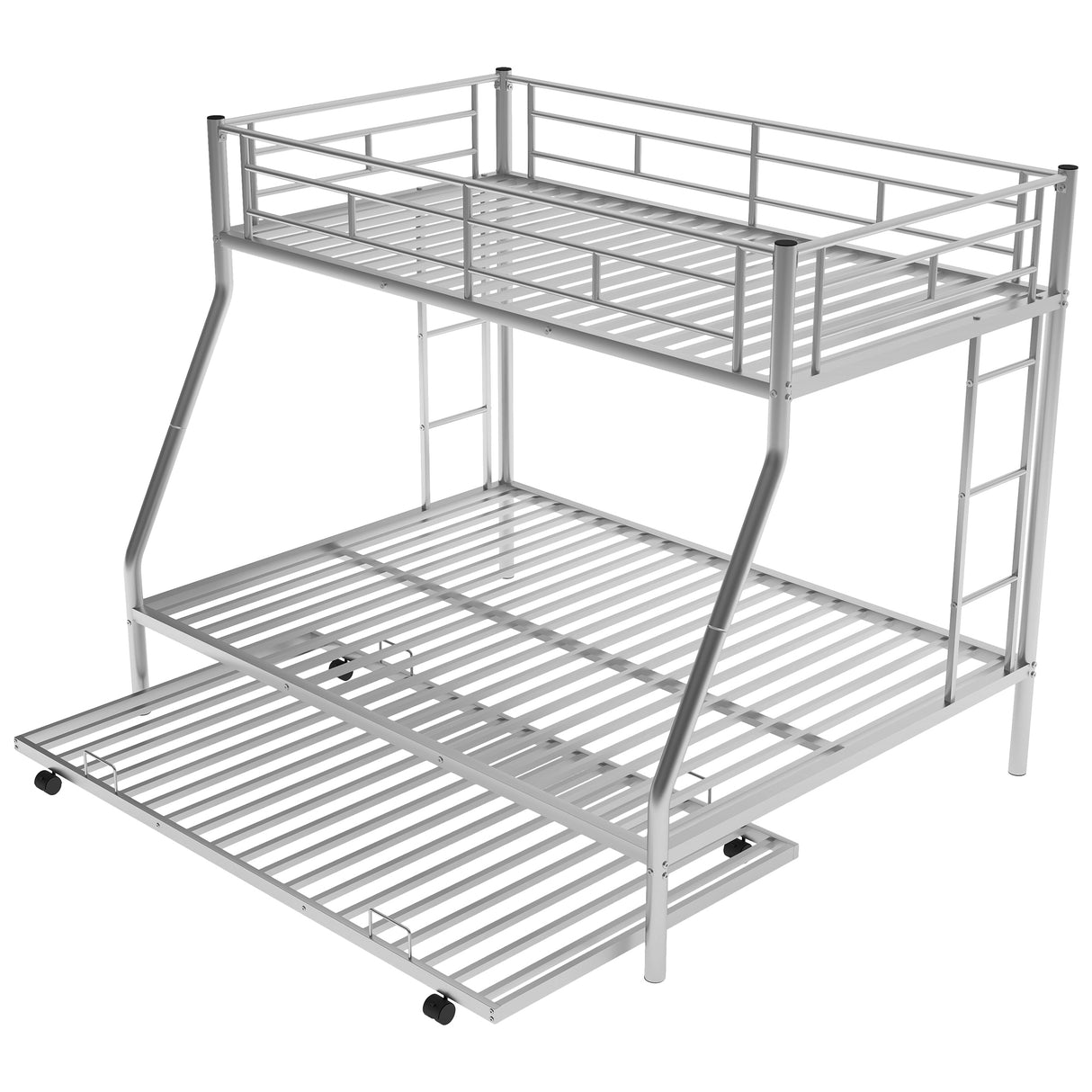 Twin over Full Bed with Sturdy Steel Frame, Bunk Bed with Twin Size Trundle, Two-Side Ladders, Silver(OLD SKU:MF194424AAN) - Home Elegance USA