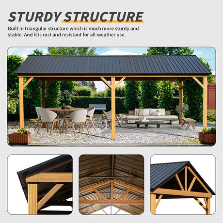 12x20ft Hardtop Gazebo | Galvanized Steel Gable Roof with Wood Grain Aluminum Frame | Permanent Outdoor Pavilion for Patio & Garden – Yellow Brown