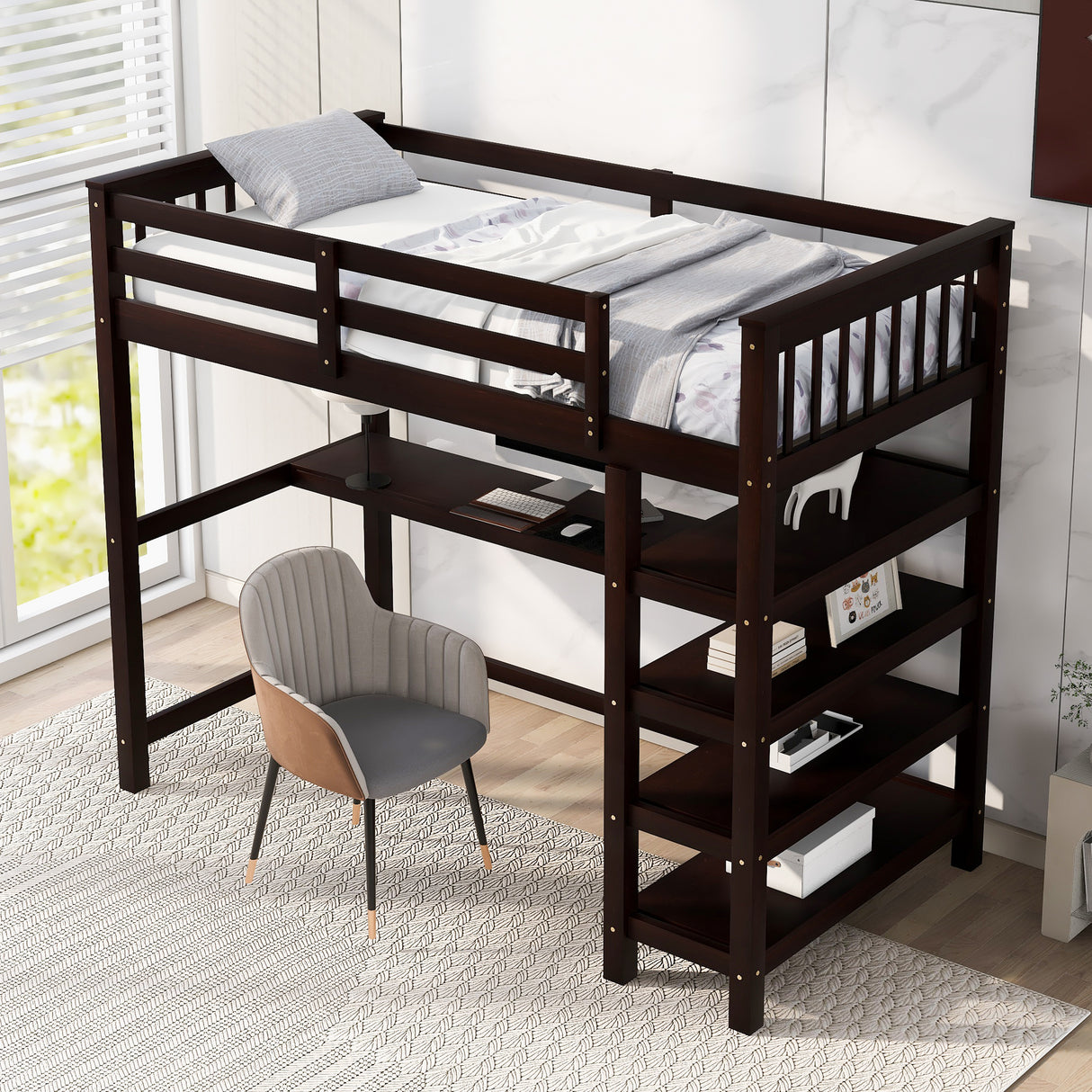 Twin Size Loft Bed with Storage Shelves and Under-bed Desk, Espresso(OLD SKU:SM000245AAP-1) - Home Elegance USA