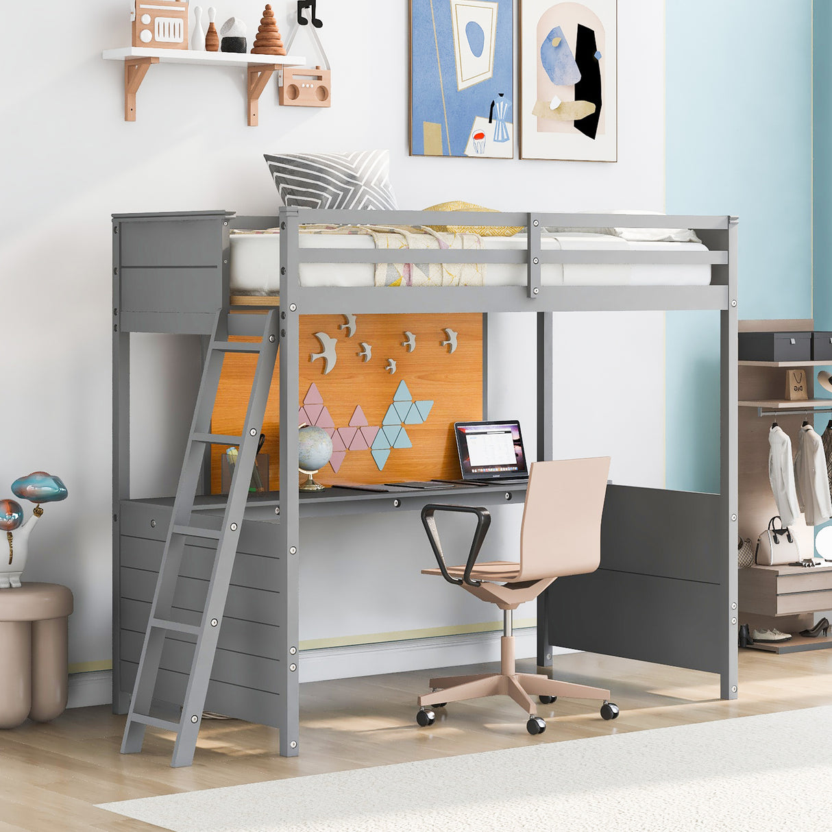 Twin size Loft Bed with Desk and Writing Board, Wooden Loft Bed with Desk - Gray - Home Elegance USA