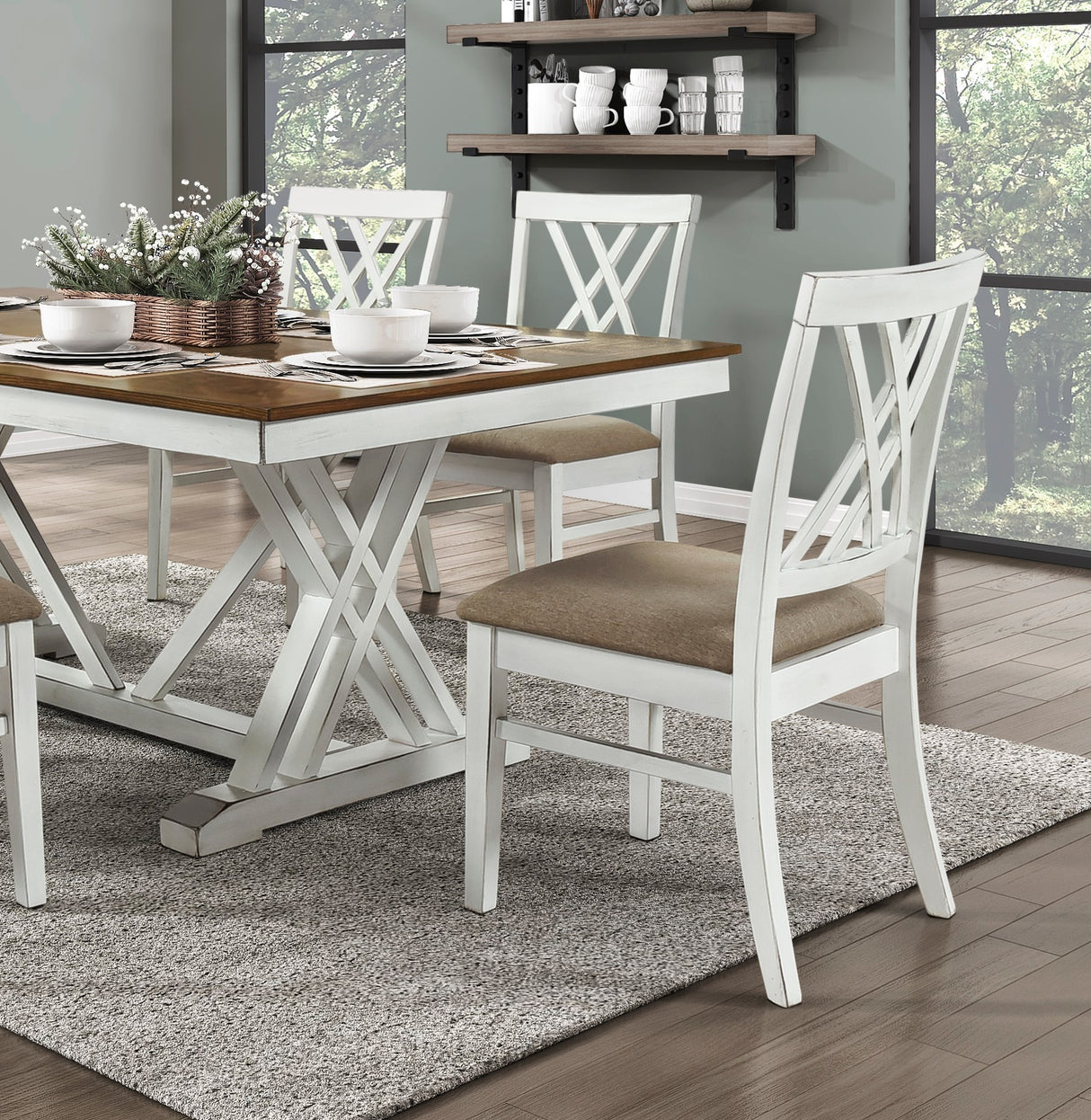 Modern Style White and Oak Finish 7pc Dining Set Table w Extension Leaf 6x Side Chairs Upholstered Seat Charming Traditional Dining Room Furniture - Home Elegance USA