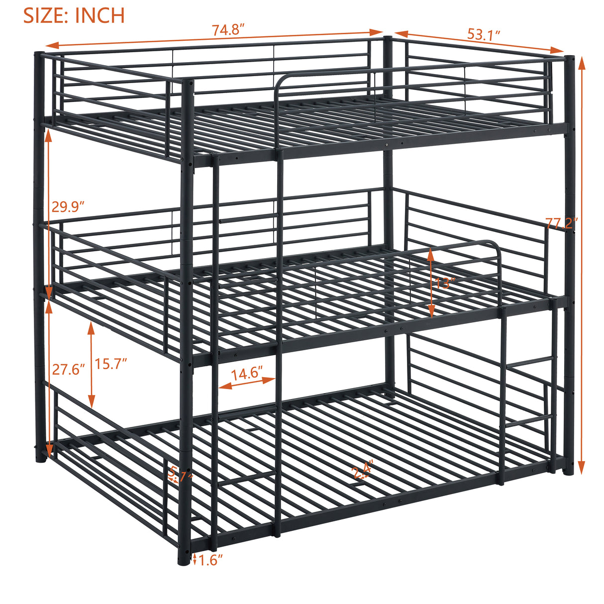 Full-Full-Full Metal  Triple Bed  with Built-in Ladder, Divided into Three Separate Beds,Black - Home Elegance USA