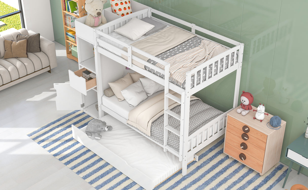 Twin Size Bunk Bed with Trundle and Attached Multifunctional Locker,White - Home Elegance USA