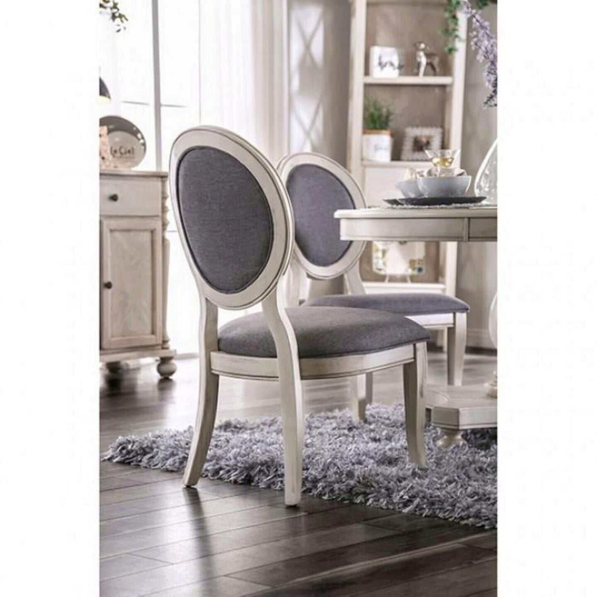 Transitional Antique White and Gray Side Chairs Set of 2 Chairs Dining Room Furniture Padded fabric seat - Home Elegance USA