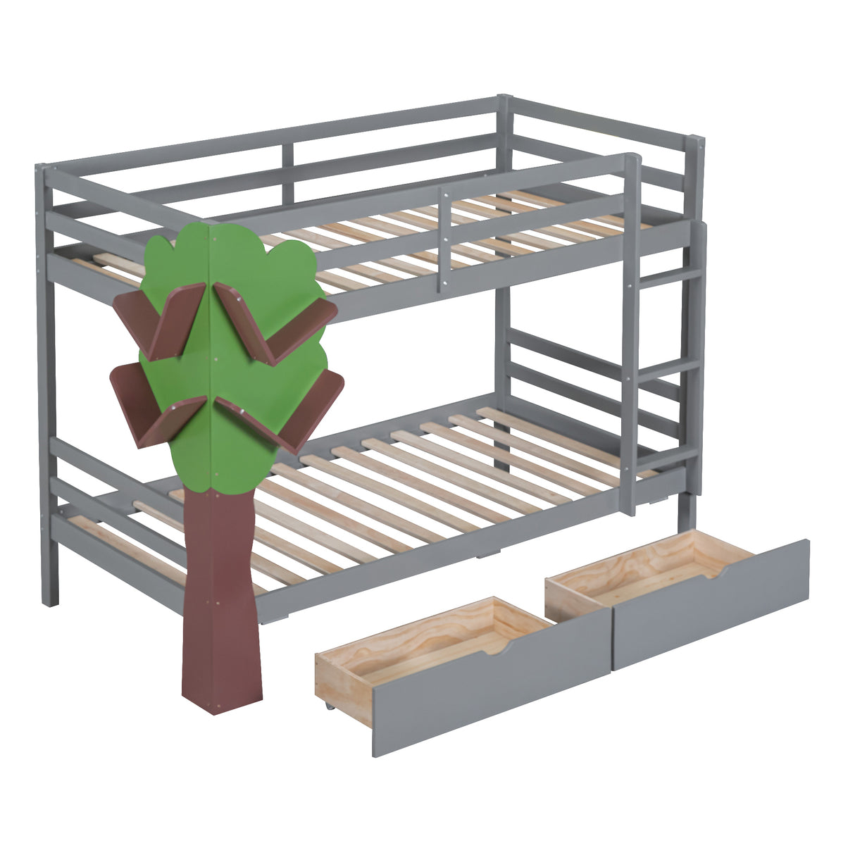 Twin-Over-Twin Bunk Bed with  a Tree Decor and Two Storage Drawers, Gray - Home Elegance USA