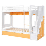 Twin Over Twin Bunk Bed with Trundle ,Stairs,Ladders Solid Wood Bunk bed with Storage Cabinet （White + Yellow） - Home Elegance USA