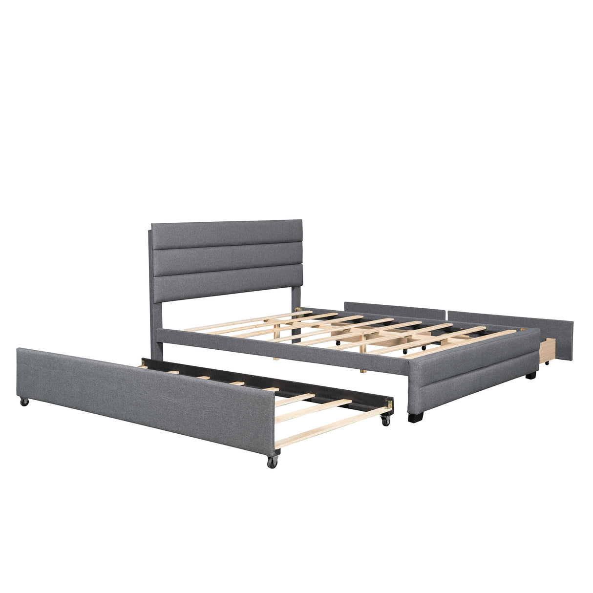 Queen Upholstered Platform Bed with Twin Size Trundle and Two Drawers,Grey - Home Elegance USA