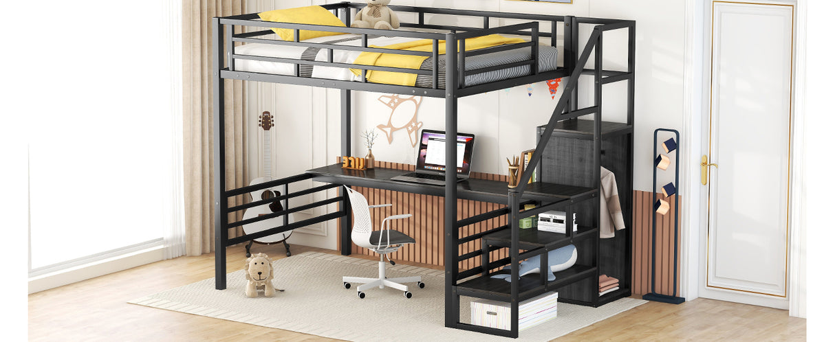 Full Size Metal Loft Bed with Desk, Storage Staircase and Small Wardrobe, Storage stairs can be installed left and right,Black - Home Elegance USA