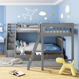 Twin over Full L-Shaped Bunk Bed With 3 Drawers, Ladder and Staircase - Gray - Home Elegance USA