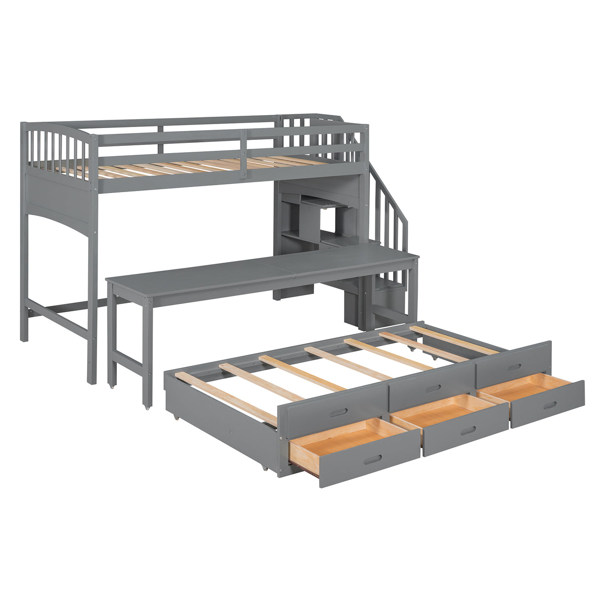 Stairway Twin XL Loft Bed with Twin Size Trundle and 3 Drawers, Storage, Desk, Gray - Home Elegance USA