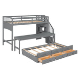 Stairway Twin XL Loft Bed with Twin Size Trundle and 3 Drawers, Storage, Desk, Gray - Home Elegance USA